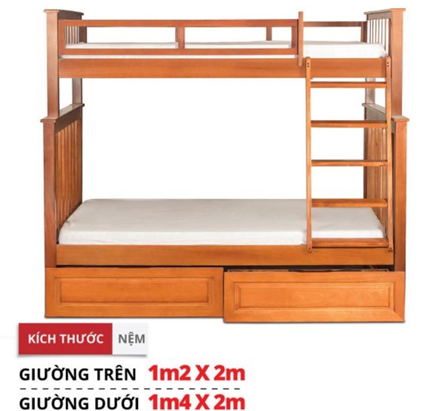 Giường tầng trên 1m2 dưới 1m4 có hộc kéo - 1214AC.GT