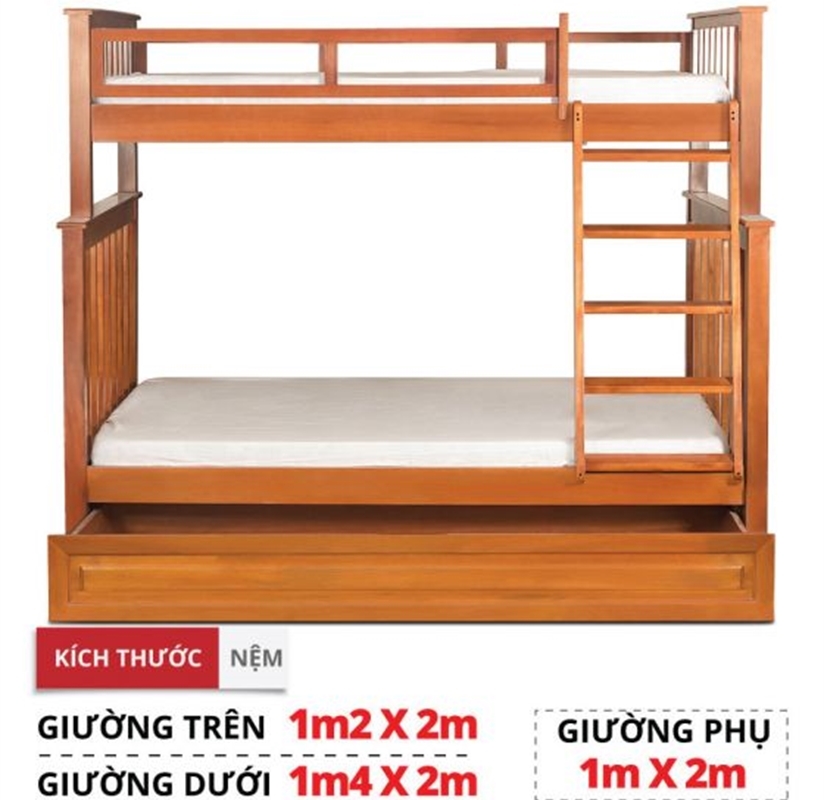 Giường tầng trên 1m2 dưới 1m4 có giường phụ 1m - 1214AB.GT