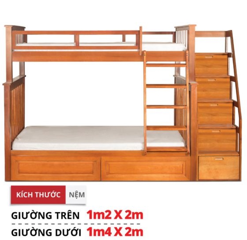 Giường tầng trên 1m2 dưới 1m4 có hộc kéo và tủ cầu thang - 1214ACD.GT