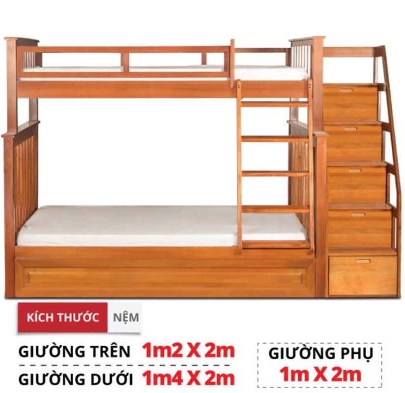 Giường tầng trên 1m2 dưới 1m4 có giường phụ 1m và tủ cầu thang - 1214ABD.GT