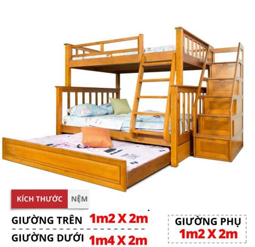 Giường tầng 1214 + giường phụ 120 + tủ cầu thang - 1214ABDY.GT